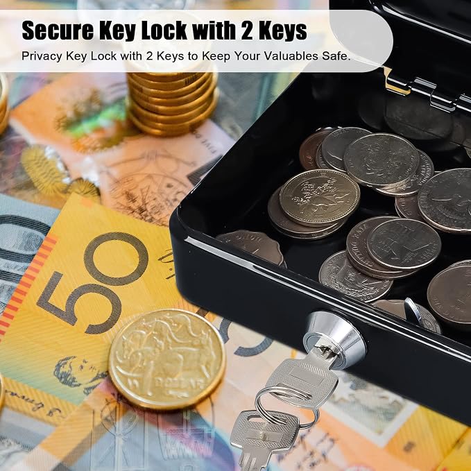KYODOLED Cash Box with Key,Small Safe Lock Box with Portable Handle,Cash Drawer,5.91"x 4.72"x 3.15" Black Small
