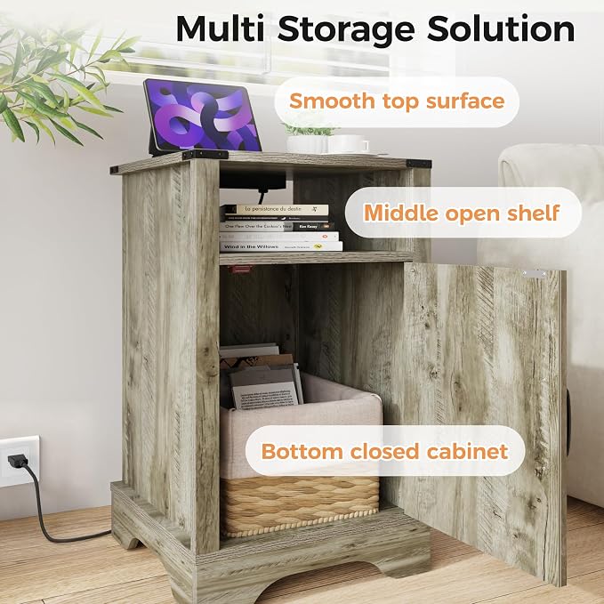 RoyalCraft 25" Tall Nightstand Set of 2, Farmhouse Nightstand with Charging Station, Large End Table with Storage, Wooden Rustic Bedside Table for Bedroom, Light Grey