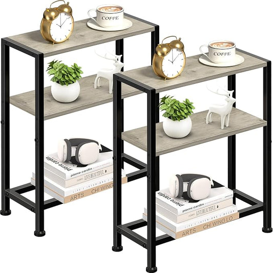 Narrow Side Table Set of 2 for Small Space, 2-Tier Small End Table with Shelf Holder, Slim Nightstand, Skinny Snack Couch Table in Living Room, Bedroom, Study, Kitchen and Balcony (Greige)