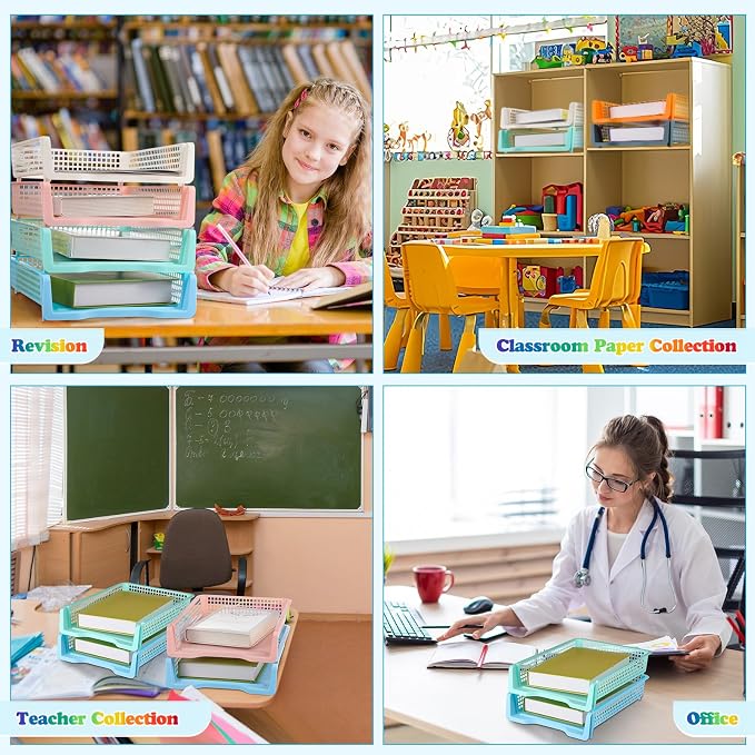 Weysat 12 Pcs Turn in Trays Classroom, Stackable Paper Tray for Classroom Organization Plastic Desk File Organizer Bin Basket for Library Drawer Teacher Office Document Storage (Pastel,Narrow)