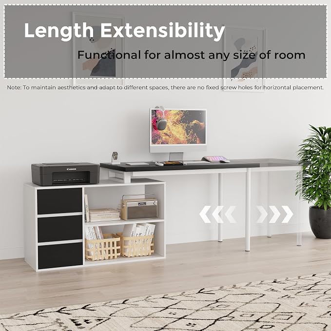 Mekminop L Shape Small Desk - Computer Corner Desk with 3 Drawers and 2 Shelves, 53 inch Home Office Table with Storage Cabinet for Gaming Writing Study, White+Black