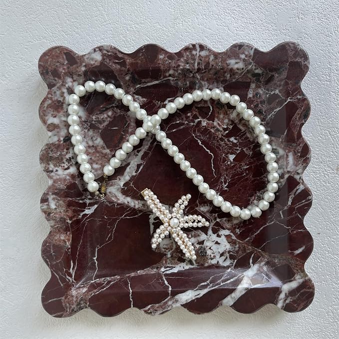 Vintage Natural Marble Tray Small Ornaments Scalloped Tray Handmade Storage Dish for Counter, Vanity, Dresser, Nightstand and Desk (Rosa Levanto)