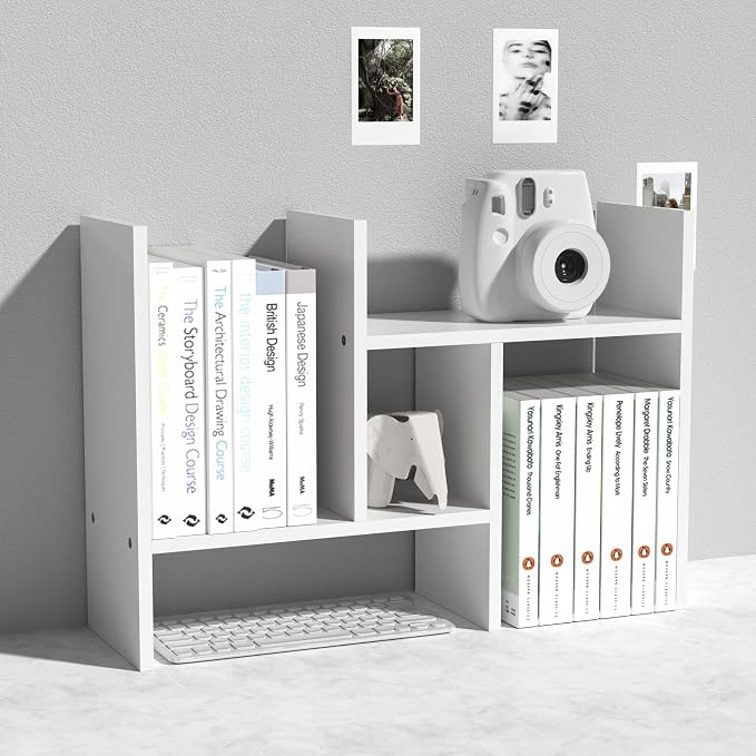 MASAKA B&W - Kawaii Storage Desktop Organizer for Your Desk Space, Double H Plants Display Shelf, Home Office Storage Rack Adjustable Stackable for Office, Dormitory (White*01)
