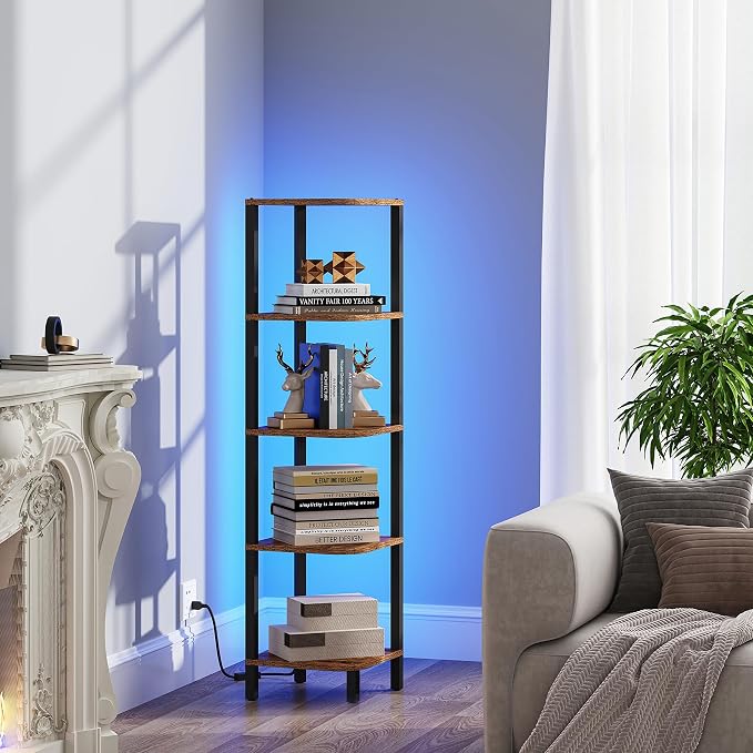 TUTOTAK Corner Shelf with LED Light, 5-Tier Corner Bookshelf for Small Space, Narrow Display Corner Shelf Stand with Storage Rack, for Living Room, Bedroom, Rustic Brown BS08BB005L