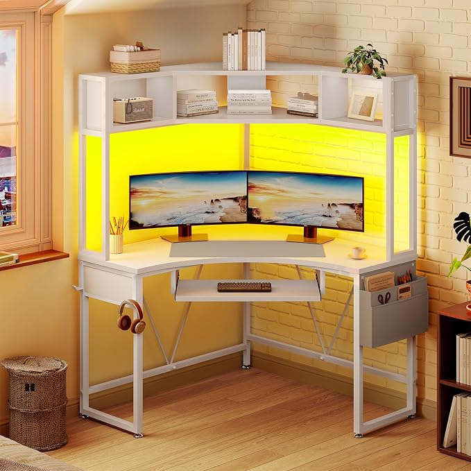 SEDETA Corner Desk, 39" W x 62" H Small Office Desk with Hutch & LED Lights, Triangle Gaming Computer Desk with Keyboard Tray, Storage Bag, and Headphone Hook for Small Space, White