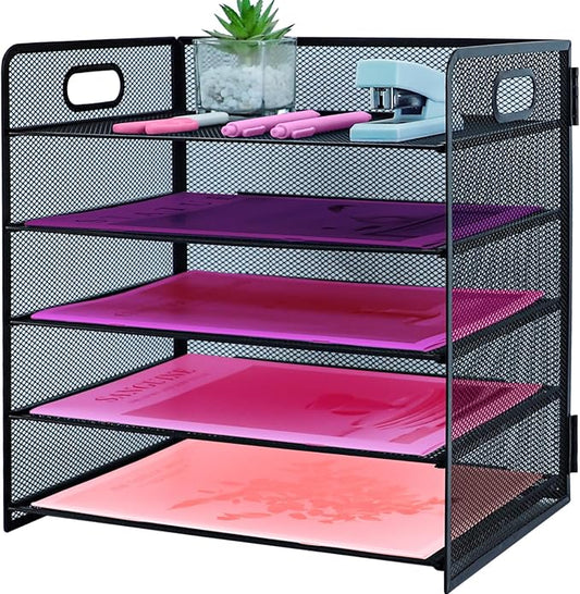 5 Tier Lettrer Tray Organizer with Handle, Metal Mesh Desk File Organizer with Sliding Trays, Paper Sorter Desk for Home Office School, Black