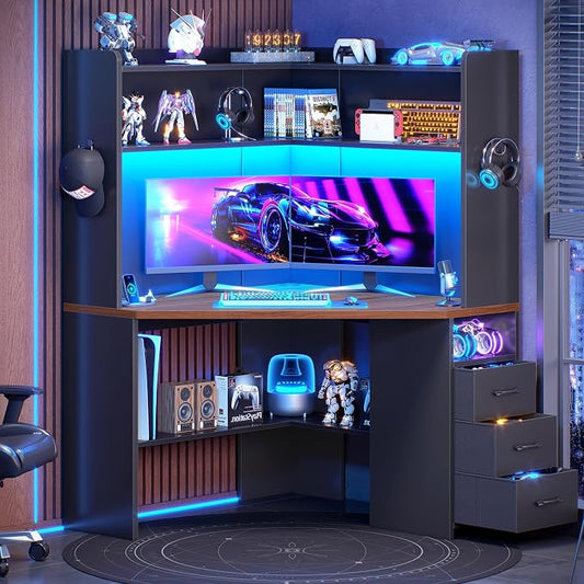 SEDETA 31.5" Corner Desk for Small Space, Corner Gaming Desk with 3 Drawers & LED Lights, Corner Desk with Hutch, Corner Computer Desk with Storage Shelves for Home Office, Black + Brown