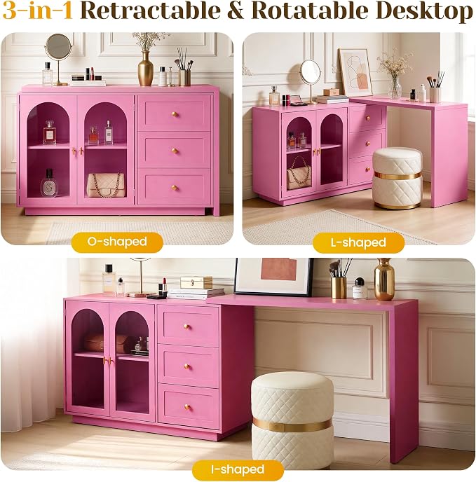 FansaFurn 83" 3-in-1 Vanity Table with 3 Drawers & 2 Doors, Extendable Makeup Vanity Desk, Morden Dressing Table for Bedroom, Dressing Room, Pink