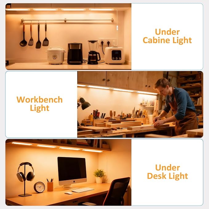maylit Under Cabinet Lighting Plug in, 4Pcs 14 Inch Linkable Ultra Bright LED Light Bars, Renter Friendly Lamp, Wired 110V 120V Indoor Lights for Kitchen Cabinet, Counter, Workbench, Shelf, Warm White