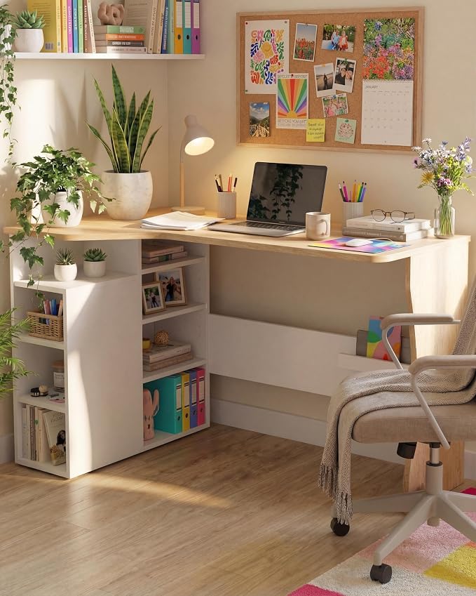 IDEALHOUSE L Shaped Desk for Small Spaces, Reversible Corner Desk with Storage Cabinet and 6 Adjustable Shelves, Wood Computer Desk for Home Office, Study, Writing, Gaming, Bedroom, Oak