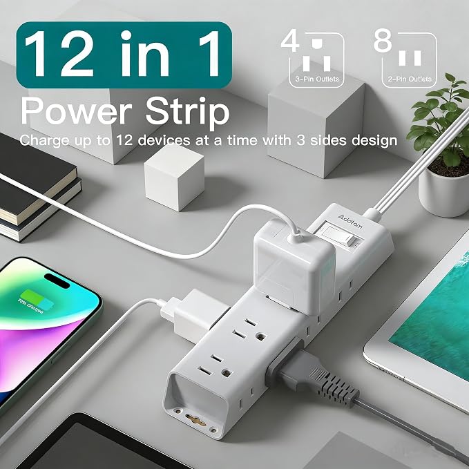 Addtam Flat Plug Extension Cord 10FT, Power Strip Surge Protector with 12 Outlets, 3-Side Wide Spaced Outlet Extender, Wall Mount Desk Charging Station for Home Office Dorm Room, White