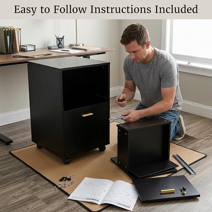 Lavish Home 2 Drawer File Cabinet - Filing Cabinet with Lock - Rolling File Cabinet for Under Desk Storage - Wood Filing Cabinet for Home or Office Organization (Black)