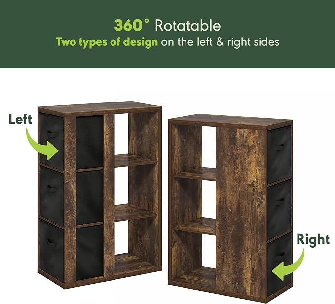 Furinno Viola Book Shelf, 3-Tier Bookshelf, Cube Storage Organizer Bookcase with Open Shelf, with Storage Bins, 13.6 x 29.3 x 43.8, for Living Room, Bedroom, Home Office, Amber Pine/Black