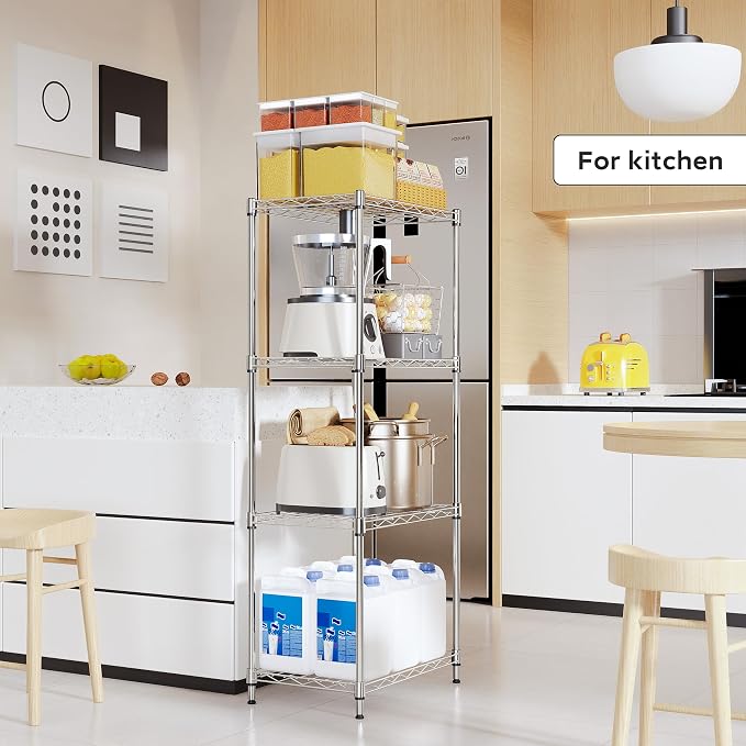 M MZG 4 Tiers Shelf Metal Storage Shelves Wire Rack Closet Organizers with Wheel for Garage Kitchen Bathroom Laundry Chrome 11.8" D x 17.7" W x 41.9" H