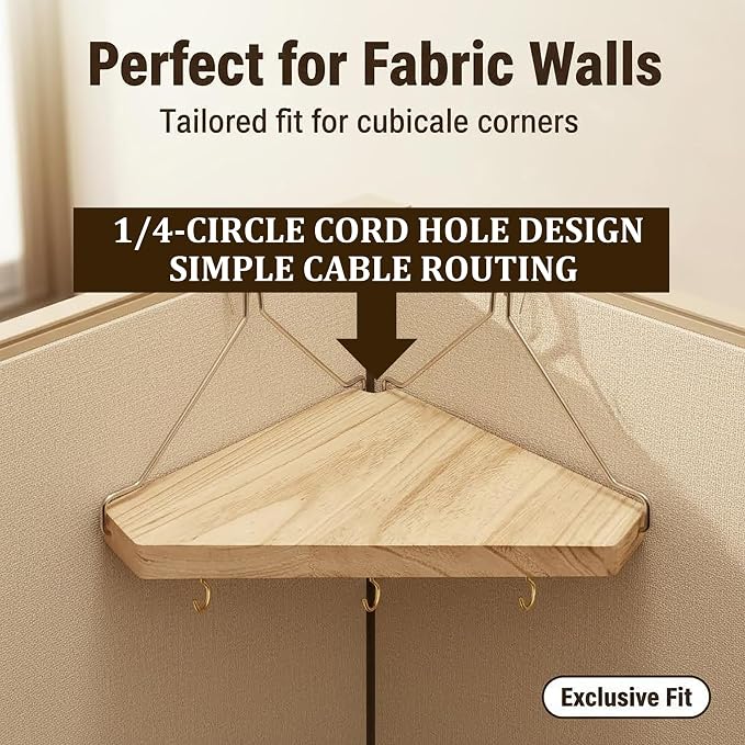 Fabric Wall Cubicle Corner Shelf with Hooks – 3 Pack Wooden Organizer Storage Shelf with Hangers Cubicle Accessories for Work Decor Ideal for Desk, Office Shelves for Women Men