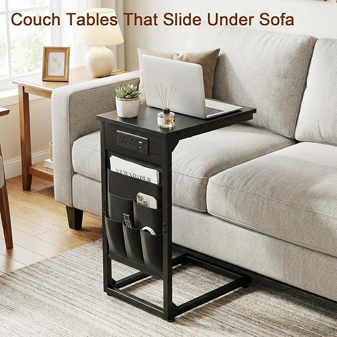 AMHANCIBLE C Shaped End Table with Charging Station, Couch Side Tables that Slide Under Sofa with Storage Bag, Slim TV Tray with USB Ports for Living Room, Bedroom, Black, HET04CBK