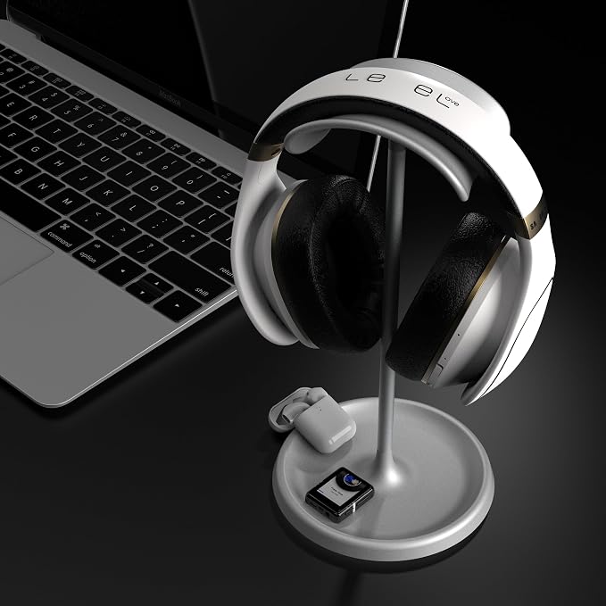 Headphone Stand, Headset Holder Desk, Gaming Earphone Stand with Aluminum Supporting Bar, ABS Headrest and Base with Metal Counterweight for All Headphone Size (Silver)