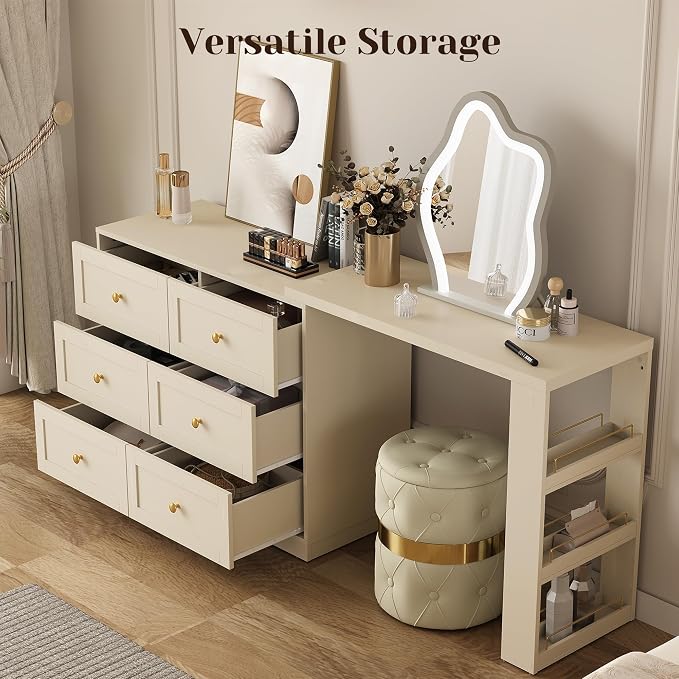 FansaFurn 67" Extendable Makeup Vanity Desk with 3 Side Shelves, L-Shaped Vanity Table and Dresser Combo with 6 Drawers, Modern Dressing Table for Bedroom, Dressing Room, Beige