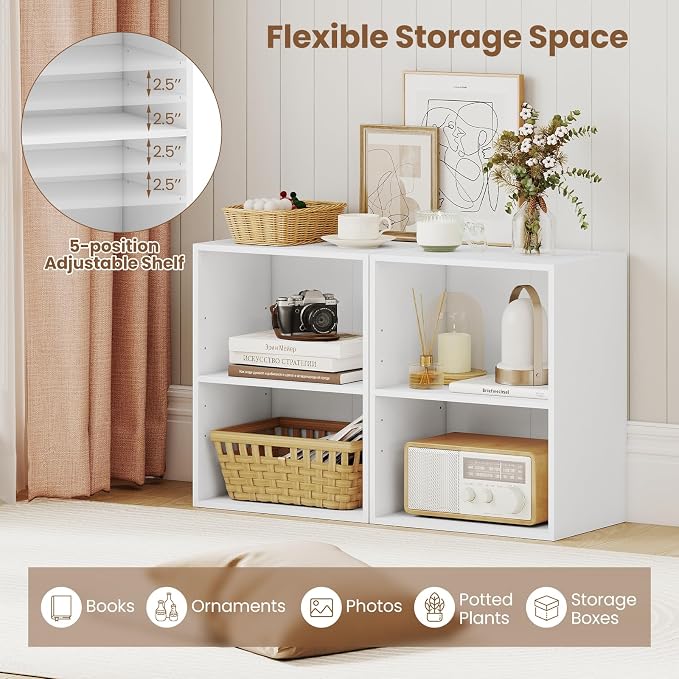 2 Cube Storage Organizer, 21" Small Bookcase with 5-Position Adjustable Panel, Under Desk Bookshelf, Modern Display Shelf, Wooden Cube Shelf for Home Office Bedroom (White)