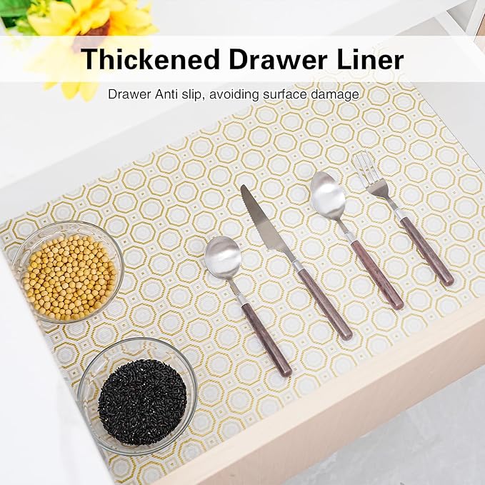 Drawer and Shelf Liner for Kitchen Cabinet,Non-Adhesive Cabinet Liner 12in x 20FT,Waterproof Shelf Paper Non-Slip Mats Cupboard Liners Contact Protect Dresser/Shelves/Table-Gold Octagonal