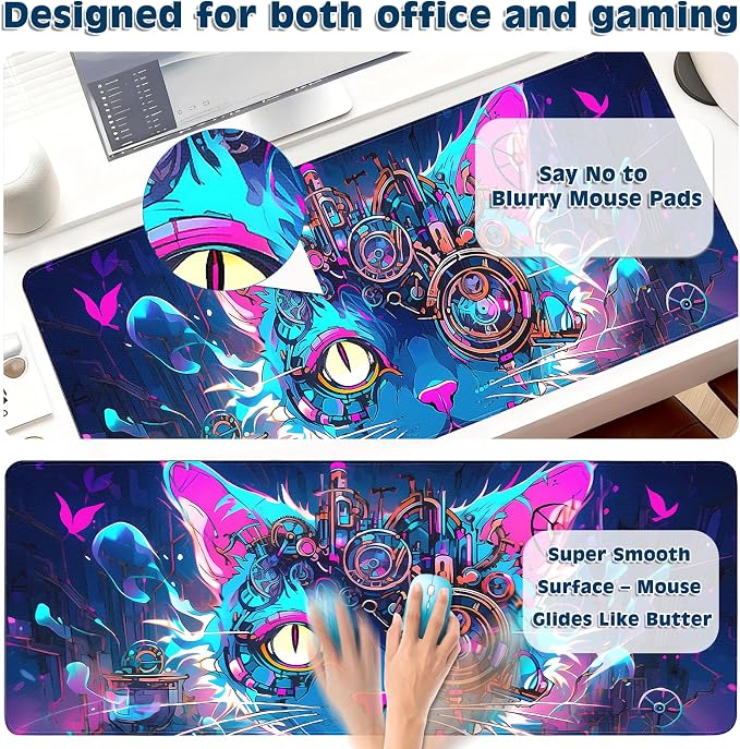 Gaming Desk Mat with Silky Smooth Surface & Exquisite Patterns,31.5x11.8 Inches Large-Sized Mouse Pad, Perfect for Extended Gaming,Work,and Home Office Decor (Cool Cat Head 2)
