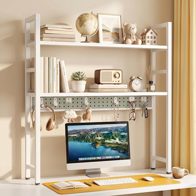 Brakki 2-Tier Desk Shelf, Desk Hutch Bookshelf, Desktop Shelf Bookcase with Pegboard and Hooks for Computer Monitor, Metal Desktop Hutch Storage Organizer for Dorm Home Office, 30" W， White Green