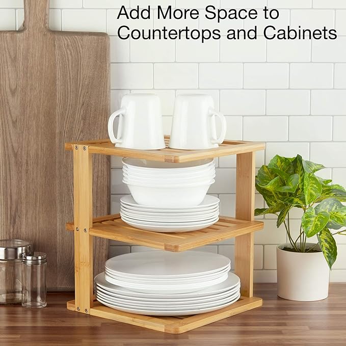 Bamboo Corner Shelf - 3 Tier 10 x 10 inch and 11.5 inches high. Kitchen Cabinet Organizer - Pantry Organization and Storage - Bathroom Countertop Shelves
