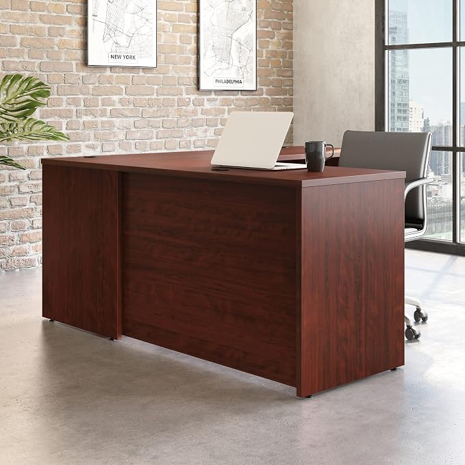 Desk Return, 42 Inch Desk Extension, Office Desk Add On with 1 Inch Melamine Top, Red Finish, Compatible Desks, Left or Right Attachment, Cord Management Grommet