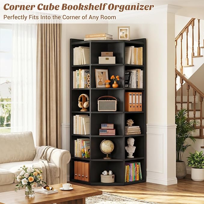 Aheaplus 7-Tier Wooden Corner Cube Bookshelf, Corner Storage Cabinet with 18 Cubes, Corner Cube Organizer Display Shelf with Top Table, Modern L Shaped Cubby Bookcase for Home Office, Black