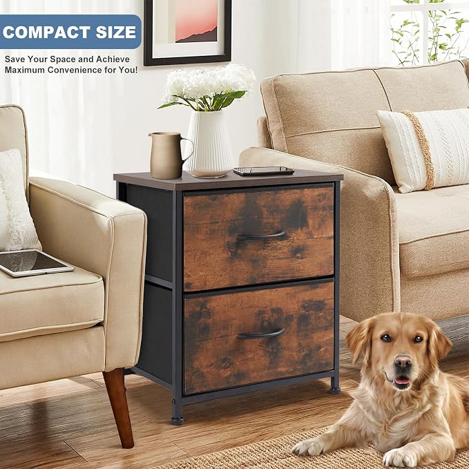 DUMOS Nightstand Small Dresser with 2 Fabric Drawers Side Bedroom End Table Kids Bedside Storage Furniture for 20 inch Tall Night Stand for Closet, Entryway, College Dorm, Rustic Brown