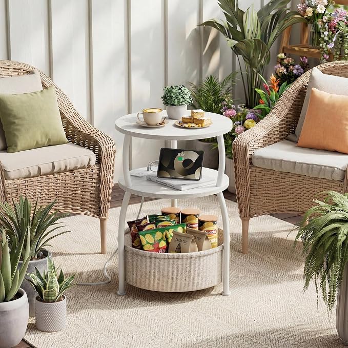 Round End Table with Charging Station, USB Ports, 15.75in Small Side Table with Storage Basket, Coffee Table Sofa Side Table for Small Spaces, Nightstand for Living Room Bedroom Matte White