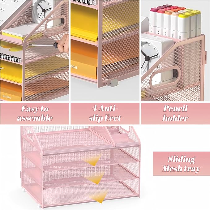 Letter Tray Paper, 4 Tier Desk Organizer with Pen Holder and Handle, Mesh File Organizer Paper Sorter Metal Desktop Document Shelf for Office Home Classroom - Pink