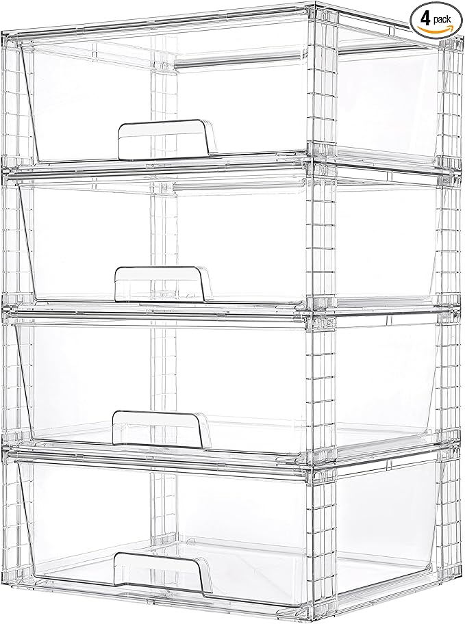 Vtopmart 4 Pack Large Stackable Storage Drawers,Easily Assemble Clear Acrylic Bathroom Closet Undersink Organizers,Plastic Storage Bins for Cabinet,Kitchen Pantry,Medicine Organization
