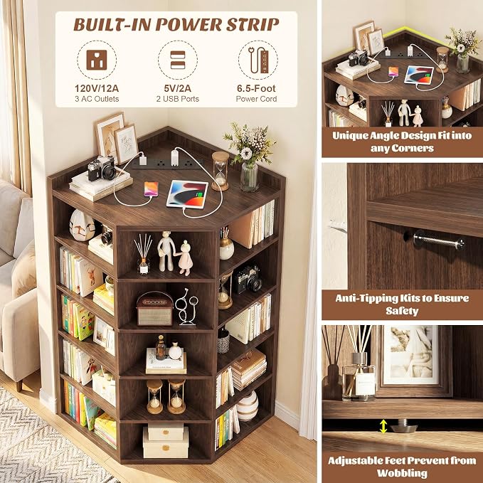 Aheaplus 6-Tier Corner Cube Bookshelf with Power Outlets, Wooden Corner Storage Cabinet with 15 Cubes, Corner Cube Organizer Shelf with Top Table, L Shaped Cubby Bookcase for Home Office, Black Walnut