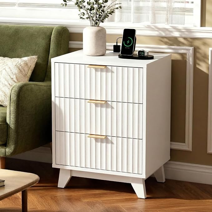 VINGLI White Nightstands Set of 2 with Charging Station, Fluted White Night Stand Bedside Table with Drawers for Bedroom, Fluted Bedside Table/End Table/Side Table, 17.72" W*13.78" D*23.62" H, 2 pcs