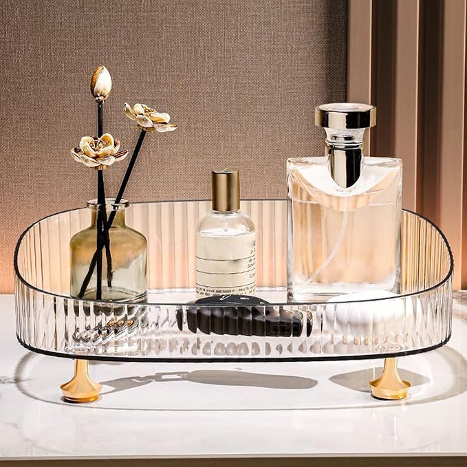 Perfume Organizer, Bathroom Vanity Tray, Makeup Trays for Dresser Top, Countertop Decorative Plastic Decor Tray, Perfume Organizer for Women, organizador de perfumes (Clear)