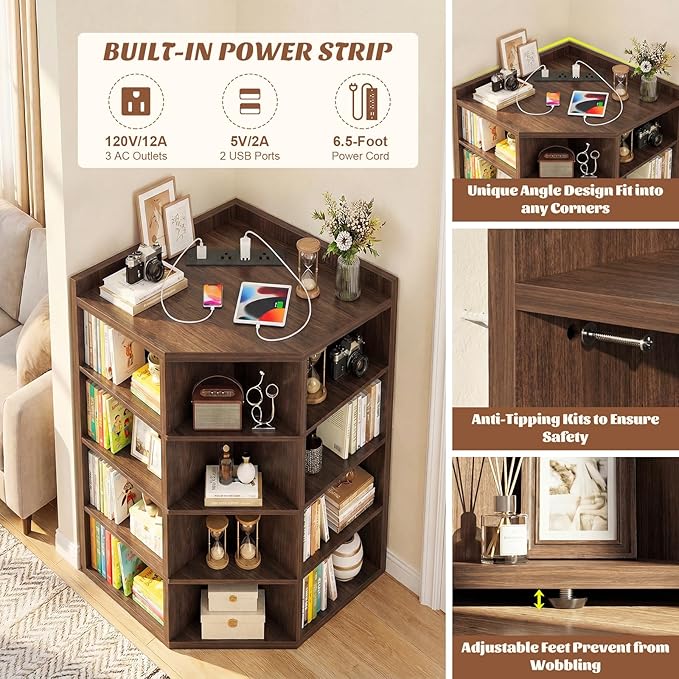 Aheaplus 5-Tier Corner Cube Bookshelf with Power Outlets, Wooden Corner Storage Cabinet with 12 Cubes, Corner Cube Organizer Shelf with Top Table, L Shaped Cubby Bookcase for Home Office, Black Walnut