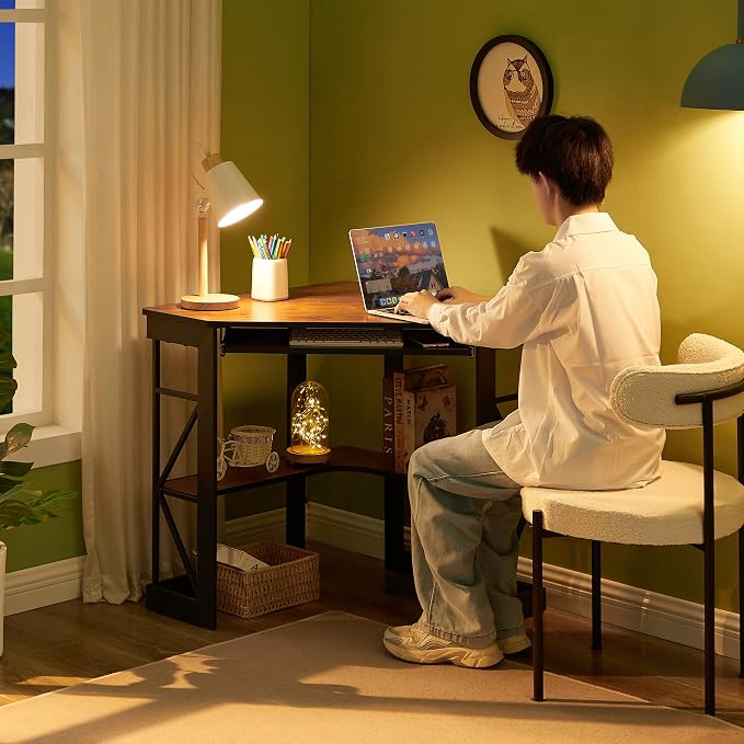 VECELO Corner Desk Computer Desk Writing Table with Smooth Keyboard Tray & Storage Shelves,Compact Home Office Triangle Table,Teak