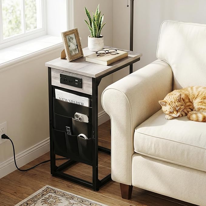 AMHANCIBLE C Shaped End Table with Charging Station, TV Tray Couch Tables with Storage Bag, Slide Under Sofa Side Side Table with USB Ports and Outlets for Living Room, Grey, HET04CGY-1