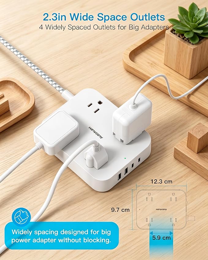 3Ft Short Power Strip with 4 USB Ports (2 USB C), 4 Widely Spaced AC Outlets, Cruise Ship Approved, Wall Mount Desk Charging Station for Office, School, Travel, Dorm Room Essentials, ETL Listed