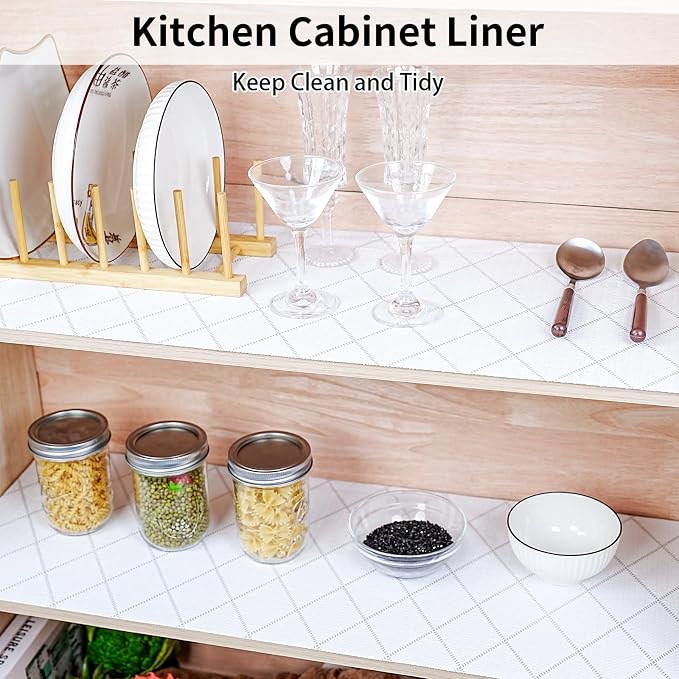 Shelf and Drawer Liner for Kitchen Cabinet,18 in x 10 FT Non-Adhesive Rhombus Cabinet Liners for Shelves Non-Slip Waterproof Kitchen Drawer Liners Contact Paper Shelf Paper with Knife and Tape Measure