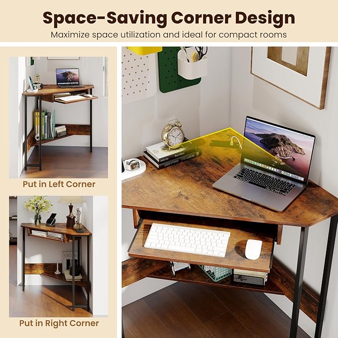 GOFLAME Corner Desk, Triangle Computer Desk with Keyboard Tray & Storage Shelf, Home Office Desk with Built-in Power Outlet, Industrial Writing Desk, Heavy-duty Space-saving PC Laptop Desk Workstation