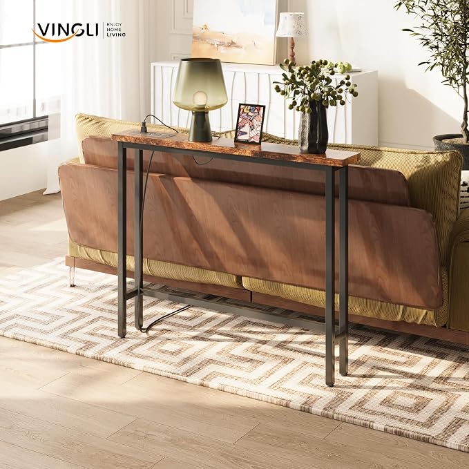 VINGLI 39" Console Table with Charging Station, 5.9" Narrow Sofa Table Behind Couch, Entryway Table with Power Outlet & 4.9 Ft Extension Cord & Adjustable Feet, for Living Room, Hallway, Rusitc Brown
