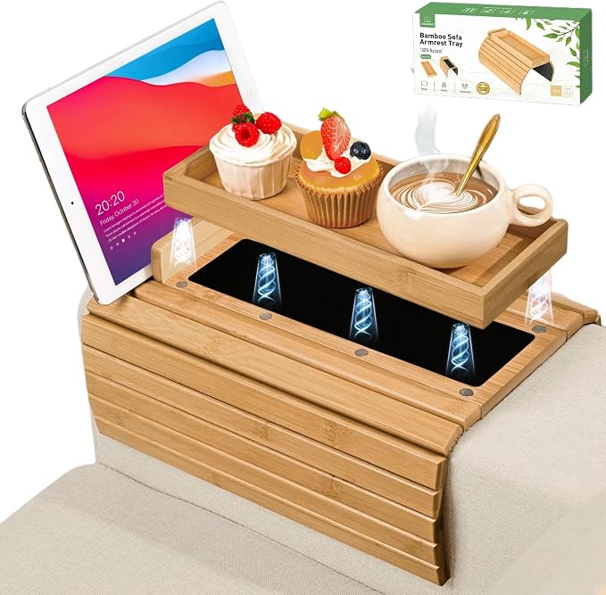 Joy&Grace Couch Arm Tray, 3-in-1 Magnetic Detachable Sofa Arm Table with Phone and Tablet Holder Bamboo Couch Cup Holder, Foldable Sofa Armrest Tray for Eating, Drinks, Phones (Natural)