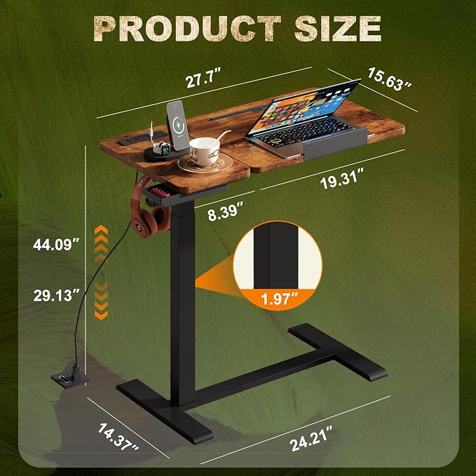 Standing Desk, Medical Overbed Table with Rolling Tray and Power Outlet, Dual Pneumatic Angel and Height Adjustable Desk, Portable Side Table with Drawer, for Home & Hospital, Rustic Brown