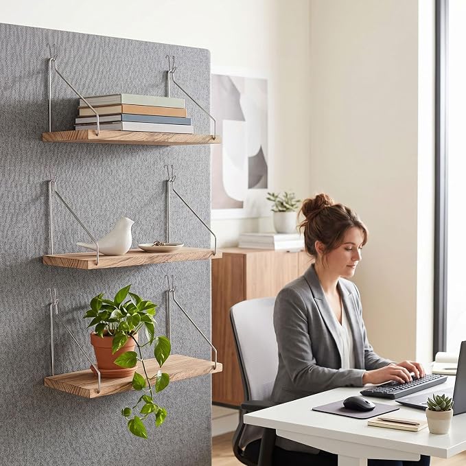 Fabric Wall Cubicle Shelf with Hooks for Work Decor, 11.8' Wooden Cubicle Organizer Storage Shelf with Hangers Cubicle Accessories for Women Men Desk, 3 Pack