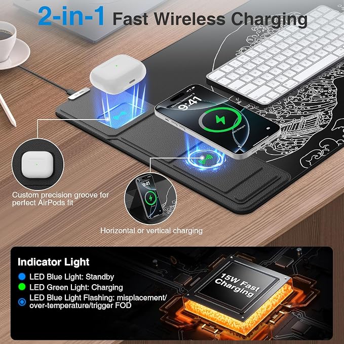 Wireless Charging Mouse Pad with Foldable Phone Holder, 31.5"x15.8" Large Desk Mat for Laptop/Keyboard, Waterproof Ultra-Smooth Surface, Non-Slip Base, Black Wave