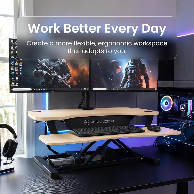 VERSADESK PowerPro 48 Inch Electric Standing Desk Converter – Push-Button Height Adjustable Sit to Stand Desk Riser for Multiple Monitors – Motorized Desktop Workstation with Wide Keyboard Tray