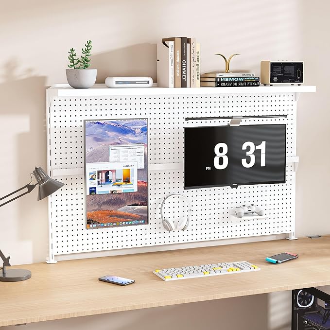 Clamp-On Metal Desk Pegboard with Dual Monitor Stand–No Drilling Needed! 59x35 Inch Steel Privacy Panel with Hooks & Movable Partition, Peg Board Wall Organizer for Gaming & Office