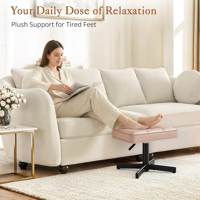LUE BONA Adjustable Vanity Stool, 15''-19.5'' Foot Rest Under Desk, 360° Swivel Vanity Chair for Makeup Room, Rose Gold Upholstered Faux Leather Ottoman for Bathroom & Living Room, 300lbs